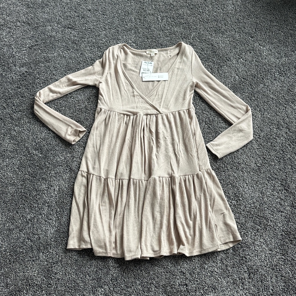 Tan see you Monday ribbed long sleeve dress